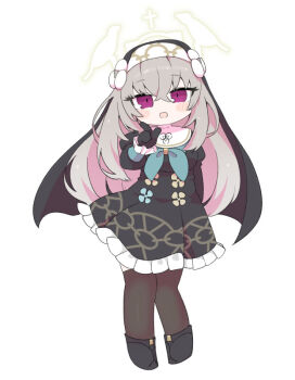 1girl :d black_boots black_dress black_gloves blue_archive blue_neckerchief blush_stickers boots breasts brown_hair brown_thighhighs chibi dress flower frilled_dress frills full_body gloves hair_between_eyes halo hand_up index_finger_raised juliet_sleeves large_breasts long_sleeves looking_at_viewer miranofuudoria neckerchief nun open_mouth over-kneehighs puffy_sleeves purple_eyes sakurako_(blue_archive) simple_background smile solo standing thighhighs veil white_background white_flower