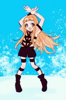 Rule 34 | 1girl, arms up, black boots, black shorts, blue background, blunt bangs, blush, boots, flat chest, full body, highres, ichihara nina, idolmaster, idolmaster cinderella girls, light brown hair, long hair, looking at viewer, nooopie, open mouth, orange shirt, print shirt, shirt, short sleeves, shorts, sidelocks, smile, solo, t-shirt, t.m.revolution, thigh strap, v-shaped eyebrows, w, yellow eyes