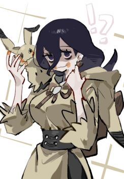 1girl bags_under_eyes black_corset black_hair breasts brown_ribbon corset cosplay dress earrings gen_7_pokemon ghost hair_between_eyes hex_maniac_(pokemon) hex_maniac_(pokemon_legends:_z-a) hood hood_down hoodie jewelry long_hair medium_breasts mimikyu mimikyu_(cosplay) nintendo pokemon pokemon_(creature) pokemon_legends:_z-a purple_eyes raine_(acke2445) ribbon sphere_earrings three-quarter_sleeves white_background yellow_hoodie
