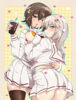 2girls absurdres black_thighhighs blue_eyes blush boko_(girls_und_panzer) breasts brown_eyes brown_hair closed_mouth crop_top cup girls_und_panzer grey_hair hair_ornament hand_on_another&#039;s_hip heart highres holding holding_cup huaronanago itsumi_erika large_breasts long_hair long_sleeves looking_at_viewer multiple_girls neckerchief nishizumi_maho open_mouth red_neckerchief sailor_collar school_uniform shirt short_hair thighhighs thighs two-tone_background white_sailor_collar white_shirt yuri