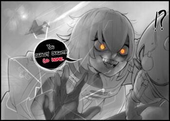 !? 1girl 1other aircraft airplane airplane_interior commentary crack cracked_glass english_commentary english_text evil_smile f-22_raptor f-22_raptor_(pandramodo) f-4_phantom_ii fighter_jet gloves glowing_pupils highres military_vehicle original personification sharp_teeth slimedrippy smile teeth third-party_source yellow_eyes