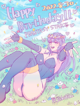 1girl :d ass bare_shoulders boots breasts choker cleavage cloud commentary_request dated elbow_gloves english_text fingerless_gloves flower foot_out_of_frame gloves happy_birthday head_wreath heart highleg highleg_leotard jobiko leotard long_hair long_pointy_ears lying nei on_back on_grass open_mouth outstretched_arms petals phantasy_star phantasy_star_ii pointy_ears purple_choker purple_hair purple_leotard purple_thighhighs red_eyes sharp_teeth smile solo strapless strapless_leotard teeth thick_thighs thigh_boots thighhighs thighs thong_leotard