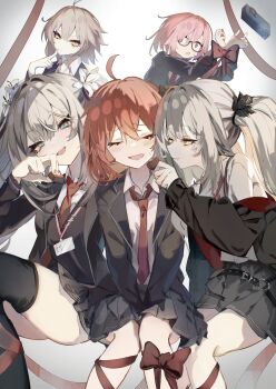 Rule 34 | 5girls, ahoge, black jacket, black skirt, black thighhighs, blue eyes, candy, chocolate, chocolate heart, closed eyes, closed mouth, commentary request, dual persona, fate/grand order, fate (series), food, fujimaru ritsuka (female), fukiya (fumiakitoyama), glasses, grey hair, heart, heart-shaped food, highres, holding, holding chocolate, holding food, jacket, jeanne d'arc alter (fate), long hair, looking at another, looking at viewer, marie antoinette (fate), marie antoinette alter (fate), marie antoinette alter (first ascension) (fate), mash kyrielight, multiple girls, necktie, open mouth, orange hair, pink hair, pseudo-tokyo school uniform, red necktie, school uniform, shirt, short hair, skirt, smile, sweat, thighhighs, twintails, white shirt, yellow eyes, yuri