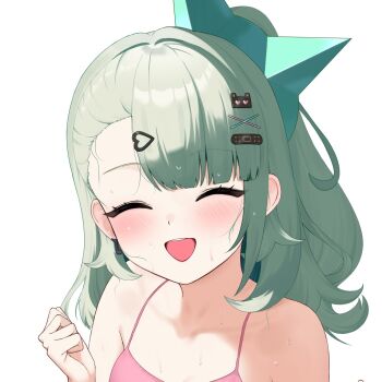 Rule 34 | 1girl, 4kebidayo, bandaid, bandaid hair ornament, bare shoulders, blush, closed eyes, collarbone, commentary request, green hair, hair ornament, hairclip, hand up, heart, heart hair ornament, highres, long hair, multiple hairclips, open mouth, portrait, simple background, solo, sunna (zenless zone zero), sweat, white background, zenless zone zero