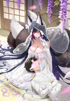 1boy 1girl absurdres animal_ear_fluff animal_ears azur_lane black_hair bow breasts bridal_veil choker cleavage closed_eyes closed_mouth commander_(azur_lane) dress ears_through_headwear facial_mark falling_petals fox_ears fox_girl fox_tail gloves highres jewelry lap_pillow long_hair military_uniform multiple_tails musashi_(azur_lane) naval_uniform petals pink_nails qing_wu ring shouji sliding_doors tail tatami veil wedding_dress whisker_markings white_bow white_choker white_gloves