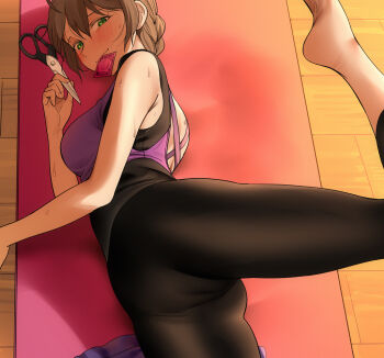 1girl back_cutout bare_arms bare_shoulders barefoot black_leggings black_shirt blush braid breasts brown_hair cameltoe closed_mouth clothing_cutout commentary condom condom_in_mouth condom_wrapper exercising feet_out_of_frame fingernails from_above green_eyes hair_between_eyes holding holding_scissors idolmaster idolmaster_million_live! idolmaster_million_live!_theater_days indoors leg_lift leggings looking_at_viewer looking_to_the_side lying mat medium_breasts mouth_hold nakamura_rohane on_side purple_shirt sakuramori_kaori scissors shirt short_hair sleeveless sleeveless_shirt smile soles solo spread_legs sweat two-tone_shirt wooden_floor
