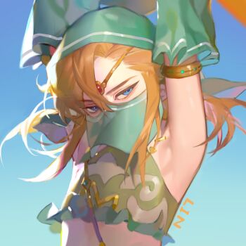 1boy arabian_clothes armlet armpits arms_up artist_name bandeau blonde_hair blue_background blue_eyes chinese_commentary commentary detached_sleeves forehead_jewel frilled_bandeau frills gerudo_set_(zelda) green_bandeau green_sleeves hair_between_eyes highres jewelry lin09 link male_focus medium_hair nintendo solo the_legend_of_zelda the_legend_of_zelda:_breath_of_the_wild tsurime upper_body