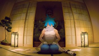 Rule 34 | 1boy, absurdres, bandages, black star, blue hair, closed eyes, commentary request, full body, highres, katana, lamp, mask, oni mask, piyo main, plant, scar, scarf, seiza, shirt, shouji, sitting, sleeveless, sleeveless shirt, sliding doors, soul eater, star (symbol), star tattoo, sword, tatami, tattoo, weapon