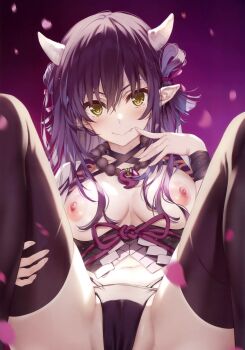 1girl absurdres black_hair black_panties black_thighhighs breasts breasts_apart choppy_bangs closed_mouth collarbone demon_girl demon_horns falling_petals fang feet_out_of_frame finger_to_mouth gradient_background hair_between_eyes hair_ribbon highres horns large_breasts light_blush long_hair looking_at_viewer misaki_kurehito navel nipples original panties partially_visible_vulva petals pink_petals pointy_ears purple_background purple_ribbon reclining ribbon scan sidelocks smile solo spread_legs thighhighs two_side_up underwear v-shaped_eyebrows wristband yellow_eyes