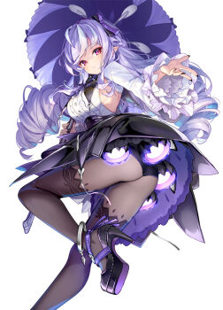 1girl black_nails black_shoes breasts brown_pantyhose closed_mouth clothing_cutout drill_hair frilled_sleeves frills hashtag-only_commentary high_heels highres holding holding_umbrella hong_(white_spider) long_hair long_sleeves looking_at_viewer medium_breasts mole mole_under_eye nail_polish pantyhose patreon_username pointy_ears purple_hair red_eyes shoes side_cutout sideboob solo twisted_torso umbrella vivian_banshee zenless_zone_zero