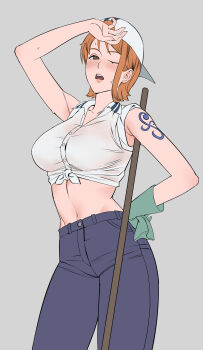 absurdres arm_up armpit_crease backwards_hat bare_shoulders baseball_cap blue_pants blush breasts brown_eyes clothes_lift collarbone collared_shirt commentary cowboy_shot disguise gloves green_gloves grey_background hand_on_own_hip hand_to_forehead hat highres holding holding_gloves holding_unworn_clothes janitor large_breasts looking_at_viewer marine_uniform_(one_piece) midriff military_uniform mop nami_(one_piece) nami_(one_piece)_(g-8) navel official_alternate_costume one_eye_closed one_piece open_mouth orange_hair pants see-through_clothes see-through_shirt shirt shirt_lift short_hair short_sleeves shoulder_tattoo single_glove single_sidelock sleeves_rolled_up sweat sweatdrop tattoo teeth unworn_gloves upper_teeth_only uukkaa wet wet_clothes wet_shirt white_hat white_shirt