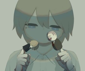 1boy :d absurdres angry apologizing avogado6 black_jacket blue_eyes blue_necktie boss bright_pupils brown_hair collared_shirt finger_puppet grey_background grey_hair highres jacket jitome male_focus mole mole_under_eye necktie open_mouth original puppet red_necktie sharp_teeth shirt simple_background smile solo teeth white_pupils white_shirt wing_collar