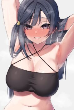 1girl absurdres armpits arms_behind_head bandeau black_bandeau black_hair commentary_request grey_background highres looking_at_viewer love_live! love_live!_nijigasaki_high_school_idol_club nasuno_(nasuno42) purple_eyes simple_background smile solo sweat swimsuit upper_body yuki_setsuna