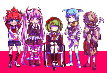 2girls 3boys apron arm_up arms_behind_head arms_up bandaid bandaid_on_face black_dress black_jacket black_shirt black_shorts black_skirt blue_eyes blue_footwear blue_hair blush bow bowtie brown_footwear brown_headwear chair child chisel closed_eyes closed_mouth daimon_masaru_(danganronpa) danganronpa_(series) danganronpa_another_episode:_ultra_despair_girls dress ears fake_horns frilled_skirt frills full_body green_hair hair_bow hair_horns hair_ribbon hairband hammer hand_up hands_up head_bow head_ribbon headband headphones horned_headwear horns jacket kemuri_jataro kneehighs legs long_hair looking_at_viewer mask masked medium_hair messy_hair multiple_boys multiple_girls neck_ribbon nose on_chair orange_scarf parted_bangs pink_bow pink_eyes pink_footwear pink_frills pink_hair pink_hairband pink_headband pink_headwear pink_horns plaid_clothes plaid_jacket plaid_shorts red_background red_bow red_chair red_hair red_hairband red_headband red_headwear red_ribbon red_shirt ribbon scarf shingetsu_nagisa shirt short_hair shorts simple_background sitting skirt smile socks standing striped_clothes striped_shirt tank_top thighhighs towa_monaca twintails utsugi_kotoko wheelchair white_background white_footwear white_jacket white_shorts white_tank_top