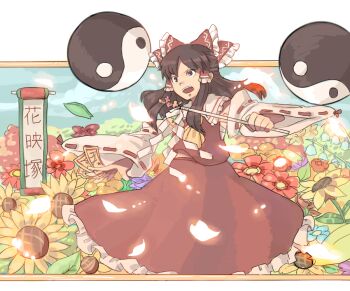 1girl ascot between_fingers blue_flower blue_sky bow brown_eyes brown_hair collar commentary_request detached_sleeves feet_out_of_frame field flower flower_field frilled_collar frilled_hair_tubes frilled_skirt frills gohei hair_bow hair_tubes hakurei_reimu heasil holding holding_gohei lily_of_the_valley long_hair ofuda ofuda_between_fingers open_mouth orange_flower orb painting_(object) poppy_(flower) purple_flower red_bow red_shirt red_skirt sarashi scroll shirt skirt sky solo sunflower teeth touhou translation_request transparent_background upper_teeth_only white_collar white_sleeves yellow_ascot yin_yang yin_yang_orb