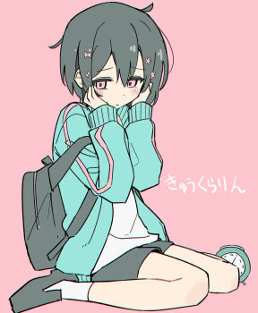 1girl alarm_clock aqua_jacket backpack bag black_hair black_shorts clock full_body fusazakura hands_on_own_cheeks hands_on_own_face highres iyowa_girls jacket kurari-chan_(iyowa) kyu-kurarin_(cevio) long_sleeves looking_at_viewer open_clothes open_jacket pink_background pink_eyes shirt shoes short_hair shorts simple_background sitting solo song_name track_jacket white_shirt