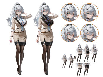 absurdres belt black_pantyhose blue_archive blue_eyes breasts button_gap cleavage commentary_request commission expression_chart female_sensei_(blue_archive) fuann full_body grey_hair high_heels highres large_breasts long_hair multiple_expressions office_lady original pantyhose pencil_skirt pixiv_commission ponytail sensei_(blue_archive) skirt white_background