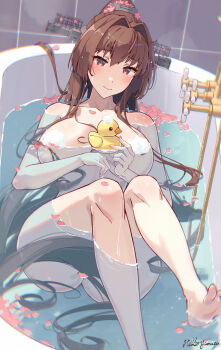 1girl alternate_hairstyle ass bathing bathtub blush breasts brown_hair bucket cherry_blossoms closed_mouth completely_nude dated hair_between_eyes hair_censor hair_down hair_spread_out headgear highres himeyamato kantai_collection large_breasts long_hair looking_at_viewer nude petals repair_bucket rubber_duck sitting soap_bubbles solo timestamp very_long_hair water wet yamato_(kancolle)