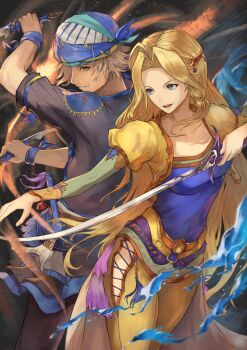 1boy 1girl absurdres back-to-back black_jacket black_pants blonde_hair blue_eyes blue_shirt celes_chere commentary cropped_jacket dagger dual_wielding english_commentary fighting_stance final_fantasy final_fantasy_vi green_sleeves grey_eyes grey_hair hair_ornament headscarf highres holding holding_dagger holding_knife holding_weapon jacket knife locke_cole long_hair open_mouth pants parted_bangs sash shirt short_hair sidelocks smile teaz917 waist_sash weapon yellow_jacket yellow_pants