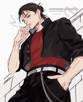 Rule 34 | 1boy, alternate universe, belt, black jacket, black pants, brown hair, chain, cigarette, closed mouth, commentary request, cowboy shot, delinquent, eren yeager, gakuran, hair bun, half updo, hand in pocket, highres, holding, holding cigarette, jacket, looking at viewer, male focus, medium hair, open clothes, open jacket, pants, red shirt, school uniform, shingeki no kyojin, shirt, sleeves rolled up, smoke, smoking, solo, twitter username, white belt, yuka levi
