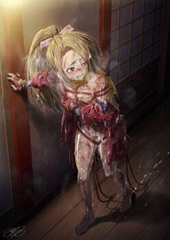 1girl ajula_wachula barefoot breasts brown_eyes brown_hair bruise clenched_teeth commission cum cum_on_body cum_on_hair cuts dirty fingerless_gloves fleeing fujibayashi_suzu gloves highres injury jacket nipples ponytail red_jacket rope rope_marks scarf shibari skeb_commission small_breasts solo tales_of_(series) tales_of_phantasia teeth torn_clothes walking yellow_scarf