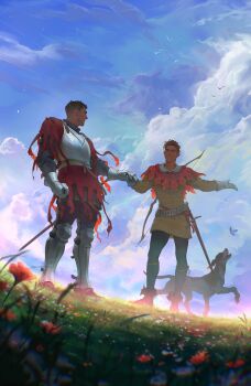 Rule 34 | 2boys, animal, armor, beard stubble, belt, black pants, blonde hair, boots, breastplate, brown hair, bug, butterfly, chainmail, closed eyes, cloud, cloudy sky, commentary, cumulonimbus cloud, dog, english commentary, epseelutely, facial hair, field, flower, flower field, gauntlets, gloves, grass, greaves, hans capon, henry of skalitz, highres, holding hands, insect, kingdom come: deliverance ii, male focus, multiple boys, outdoors, outstretched arm, pants, red flower, short hair, sky, smile, stubble, sword, teeth, tunic, weapon, white flower, white gloves, yellow tunic