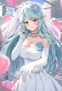 1girl absurdres aqua_hair balloon breasts bridal_veil bride cleavage closed_mouth commentary_request dress elbow_gloves elf epsilon_(kagejitsu) flower gloves hair_flower hair_ornament heart_balloon highres jewelry kage_no_jitsuryokusha_ni_naritakute! large_breasts long_hair looking_at_viewer matsumoto_yuu necklace pointy_ears purple_eyes smile solo veil very_long_hair wedding_dress white_dress white_gloves