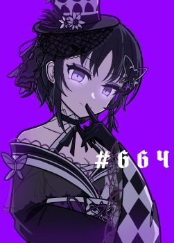 Rule 34 | 1girl, absurdres, backlighting, black hair, black hat, black kimono, bug, butterfly, butterfly hair ornament, butterfly hat ornament, dishthecatlover, finger to mouth, flower, glowing, glowing eyes, hair ornament, hat, hat ornament, highres, housho margo, insect, japanese clothes, kimono, lolita fashion, looking at viewer, mahou shoujo no majo saiban, mini hat, mini top hat, mosaic pattern, purple eyes, short hair, simple background, solo, top hat, upper body, wa lolita