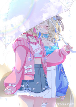 2girls bare_shoulders blonde_hair blue_cardigan blue_eyes blue_hair blue_nails blush bow breasts cardigan cleavage closed_eyes commentary_request cowboy_shot dog_girl dog_tail fuwawa_abyssgard fuwawa_abyssgard_(casual) heart highres hinata_hirune holding holding_umbrella hololive hololive_english imminent_kiss incest large_breasts long_hair mococo_abyssgard mococo_abyssgard_(casual) multicolored_hair multiple_girls official_alternate_costume pink_streaks pink_sweater pleated_skirt rainbow shared_umbrella short_hair siblings simple_background sisters skirt small_breasts star_(symbol) streaked_hair sweater tail transparent transparent_umbrella twincest twins umbrella virtual_youtuber water white_background white_bow white_skirt x_(symbol) yuri