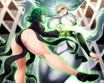 2girls absurdres ass aura bare_legs black_dress breasts cameltoe curly_hair dress earrings fat_mons floating_clothes from_below green_eyes green_hair groin highres hoop_earrings jewelry jmg kneepits large_breasts multiple_girls navel no_panties one-punch_man over-rim_eyewear psychos_(one-punch_man) psykos semi-rimless_eyewear short_hair smile tatsumaki telekinesis thick_thighs thighs wide_hips