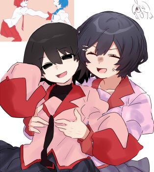 Rule 34 | 2girls, :d, absurdres, ahoge, anger vein, annoyed, araragi koyomi, black eyes, black hair, black necktie, black shirt, black skirt, bob cut, breast envy, breasts, chibi, chibi inset, closed eyes, collarbone, collared shirt, commentary, covered collarbone, double breast grab, dress shirt, empty eyes, eyelashes, front-to-back, grabbing another's breast, grey skirt, groping, hair between eyes, hair ornament, hairclip, hand up, hands on another's chest, hanekawa tsubasa, highres, juliet sleeves, large breasts, long sleeves, monogatari (series), multiple girls, naoetsu high school uniform, narrowed eyes, necktie, open mouth, oshino ougi, outline, owarimonogatari, pink shirt, pleated skirt, puffy long sleeves, puffy sleeves, red trim, reference inset, scene reference, school uniform, shirt, short hair, skirt, sleeves past fingers, sleeves past wrists, small breasts, smile, surprised, tsugumi (tgm 615486), undershirt, upper body, v-shaped eyebrows, white background, white outline, yuri