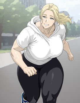 1girl black_pants blonde_hair blue_eyes blue_shoes breasts collarbone commentary_request highres hood hood_down hoodie huge_breasts joi_(joitoygarden) looking_to_the_side muscular muscular_female original outdoors pants parted_bangs ponytail running sharon_gordon_(joi) shoes short_sleeves smile sneakers solo sportswear sweat thick_thighs thighs tree white_hoodie yoga_pants