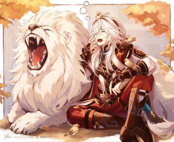 1boy animal animal_on_arm animal_on_head animal_on_shoulder arm_on_knee armor belt bird bird_on_arm bird_on_head bird_on_shoulder black_belt black_boots boots border closed_eyes commentary contagious_yawn foot_out_of_frame hair_ribbon hand_up highres honkai:_star_rail honkai_(series) jing_yuan lion long_hair long_sleeves male_focus mole mole_under_eye nc_(nctiramisucat) on_head open_mouth outside_border pants pauldrons red_pants red_ribbon ribbon shirt shoulder_armor sitting symbol-only_commentary teeth upper_teeth_only white_border white_hair white_shirt yawning