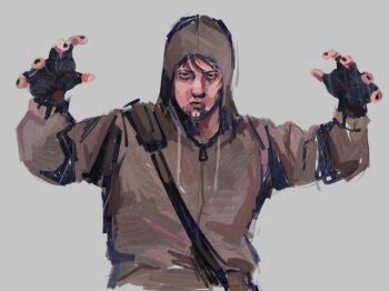 1boy bag beard_stubble bellspun black_gloves black_hair black_nails claw_pose cry_of_fear expressionless facial_hair fingerless_gloves gloves grey_hoodie hands_up hood hood_up hoodie looking_at_viewer male_focus short_hair shoulder_bag simon_henriksson solo stubble upper_body