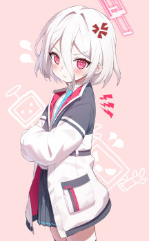 1girl :t absurdres alternate_hair_length alternate_hairstyle anger_vein aworuw1137 black_skirt blue_archive blue_necktie blush bright_pupils commentary crossed_arms hair_between_eyes halo highres jacket kei_(amas)_(blue_archive) kei_(blue_archive) kei_(new_body)_(blue_archive) kei_(robot)_(blue_archive) lightning_bolt_symbol long_hair_between_eyes looking_at_viewer necktie pleated_skirt pout red_eyes ringed_eyes shirt short_hair skirt solo white_hair white_jacket white_pupils white_shirt