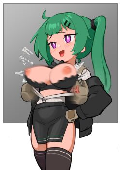 1girl ahoge black_bra black_jacket black_thighhighs borrowed_character bra bra_pull breasts breasts_out brown_gloves bursting_breasts clothes_pull commentary cowboy_shot english_commentary formerly gloves green_hair hair_ornament hairclip hands_on_own_hips jacket large_breasts miniskirt motion_blur nipples oppai_loli original purple_eyes raised_inner_eyebrows shirt side_ponytail skirt solo taut_clothes taut_skirt thighhighs undersized_breast_cup underwear white_shirt zettai_ryouiki