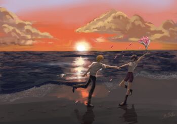 1boy 1girl beach black_hair black_pants black_shoes black_socks blonde_hair bouquet chainsaw_man collared_shirt commentary_request denji_(chainsaw_man) evening falling_petals flower footprints full_body hetero highres holding_another&#039;s_wrist horizon ocean outdoors pants petals profile purple_shorts reze_(chainsaw_man) sand shirt shoes short_hair short_sleeves shorts signature sky socks standing standing_on_one_leg throwing uguisunekom water white_shirt