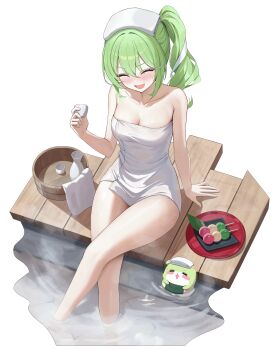1girl absurdres bare_shoulders breasts bucket chico_(yuzuha_riko) cleavage closed_eyes crossed_legs dango food g_home green_hair highres medium_breasts naked_towel open_mouth ponytail sanshoku_dango sitting smile solo stellive thighs towel towel_on_head v-shaped_eyebrows virtual_youtuber wagashi wet wooden_bucket yuzuha_riko