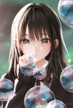 1girl absurdres blowing_bubbles blurry blurry_background blurry_foreground brown_eyes brown_hair brown_jacket bubble_pipe collared_shirt commentary_request hand_up highres jacket jizell long_hair long_sleeves looking_at_viewer neck_ribbon original portrait red_ribbon ribbon shirt soap_bubbles solo white_shirt