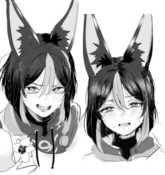 1boy animal_ear_fluff animal_ears blunt_ends blush clenched_teeth commentary_request cropped_shoulders crying crying_with_eyes_open double-parted_bangs drawstring flower fox_boy fox_ears genshin_impact highres jacket male_focus multicolored_hair multiple_views open_mouth otanpopo1208 shirt short_hair simple_background streaked_hair tears teeth tighnari_(genshin_impact) turtleneck white_background