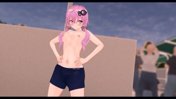1girl 3d absurdres age_difference artist_request blue_male_swimwear blue_swim_trunks blurry blurry_background blush breasts character_request chromatic_aberration closed_mouth copyright_request crossdressing exhibitionism hair_ornament highres long_hair male_swimwear male_swimwear_challenge medium_breasts multiple_boys nipples pink_eyes pink_hair public_indecency source_request standing swim_trunks swimsuit tagme topless_female twintails