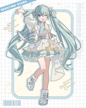 1girl ;d arm_up blush commentary_request dot_nose drop_shadow frilled_skirt frills full_body green_eyes green_hair green_skirt hair_between_eyes hatsune_miku highres jacket long_hair long_sleeves looking_at_viewer moo_n_moko off_shoulder one_eye_closed open_clothes open_jacket open_mouth pleated_skirt shirt shoes skirt sleeveless sleeveless_shirt smile solo standing standing_on_one_leg star_(symbol) twintails very_long_hair vocaloid white_jacket white_shirt white_shoes