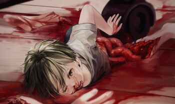 1boy absurdres araya_kawai blood blood_from_mouth commentary_request crying crying_with_eyes_open guro highres intestines male_focus nosebleed one_eye_closed open_mouth organs original reverse_ryona severed_arm severed_leg severed_limb severed_torso shirt short_sleeves shota solo tears teeth wheel wooden_floor