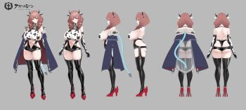 1girl absurdres animal_ears animal_print azur_lane bell breasts cow_ears cow_horns cow_print cowbell cowpens_(azur_lane) drill_hair elbow_gloves full_body gloves highres horns huge_breasts looking_at_viewer mole mole_under_eye neck_bell official_artist_extra solo thighhighs yd_(orange_maru)