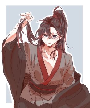Rule 34 | 1boy, ahoge, androgynous, black coat, black eyes, black hair, black hanfu, black sash, blush, brown hair, chinese clothes, closed mouth, coat, collarbone, grey hanfu, hair between eyes, hand up, hanfu, hashtag-only commentary, high ponytail, highres, holding, holding own hair, k a k, long hair, long sleeves, looking at viewer, male focus, modao zushi, off shoulder, open clothes, open coat, ponytail, robe, sash, simple background, smile, solo, undressing, wei wuxian, wide sleeves