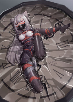 1girl absurdres ahegao analog_clock animal arms_behind_back asphyxiation ball_gag bdsm black_pantyhose bondage bound bound_breasts bound_legs bound_torso breasts chinese_commentary clock cloth_gag commentary corset covered_mouth crotch_rope dress female_focus forced_orgasm frogtie full_body gag gag_under_mask gagged highres hitachi_magic_wand improvised_gag latex_mask long_hair looking_up mask medium_breasts mouth_mask no_shoes original over_the_nose_gag pantyhose pleated_skirt red_eyes restrained sex_toy shibari shibari_over_clothes skirt solo vacuum_bed variant_set vibrator white_hair wiffle_gag xiongmao