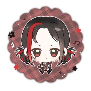 1girl baonu_de_zhanshen_caibutou black_boots black_coat black_hair black_ribbon black_shirt black_skirt black_socks boots braid brown_eyes chibi chinese_commentary closed_mouth coat commentary_request counterflow_concerto_(infinity_nikki) dot_nose double_bun electric_guitar facial_tattoo forehead guitar hair_bun happy highres infinity_nikki instrument kneehighs leg_ribbon light_particles long_sleeves looking_at_viewer miniskirt multicolored_hair music musical_note nikki_(series) outline pencil_skirt plaid_background playing_guitar playing_instrument punk red_background red_hair ribbon shirt short_hair side_braids single_kneehigh single_sock skirt smirk socks solo sparkle standing star_(symbol) star_in_eye star_tattoo straight-on streaked_hair symbol_in_eye tattoo twin_braids two-sided_coat two-sided_fabric two-tone_background two-tone_hair v-shaped_eyebrows white_background white_outline