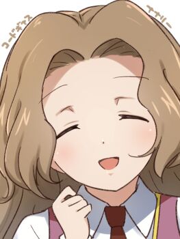 1girl :d ashford_academy_school_uniform brown_hair closed_eyes code_geass kiikii_(kitsukedokoro) long_hair nunnally_vi_britannia open_mouth school_uniform simple_background smile solo very_long_hair white_background