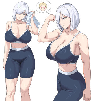 1girl abs absurdres bare_shoulders blue_bra blue_eyes blue_shorts bra breasts cleavage collarbone commentary_request fiona_frost flexing grey_hair hair_over_one_eye heart heart-shaped_pupils highres korean_commentary ksksksa large_breasts looking_to_the_side midriff muscular muscular_female parted_lips short_hair shorts solo sports_bra spy_x_family symbol-shaped_pupils thighs towel twilight_(spy_x_family) underwear