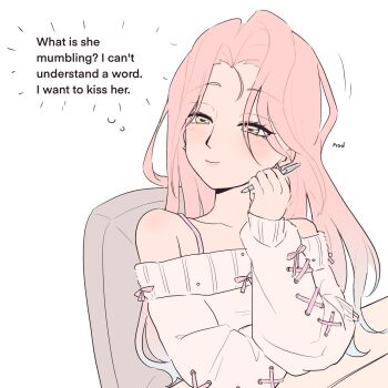 1girl alien_stage alternate_costume blue_hair bow coldmeow commentary english_commentary highres holding holding_pen implied_yuri long_hair mizi_(alien_stage) multicolored_hair off-shoulder_sweater off_shoulder pen pink_bow pink_hair pink_ribbon ribbon smile solo sweater two-tone_hair white_sweater yellow_eyes